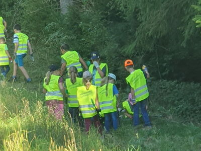 Mit leuchtgelben Warnwesten ausgestattete Kinder suchen im Gras nach Müll