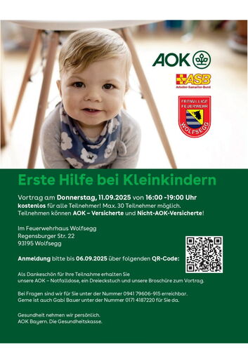 Plakat für den AOK Vortrag: Erste Hilfe bei Kleinkindern